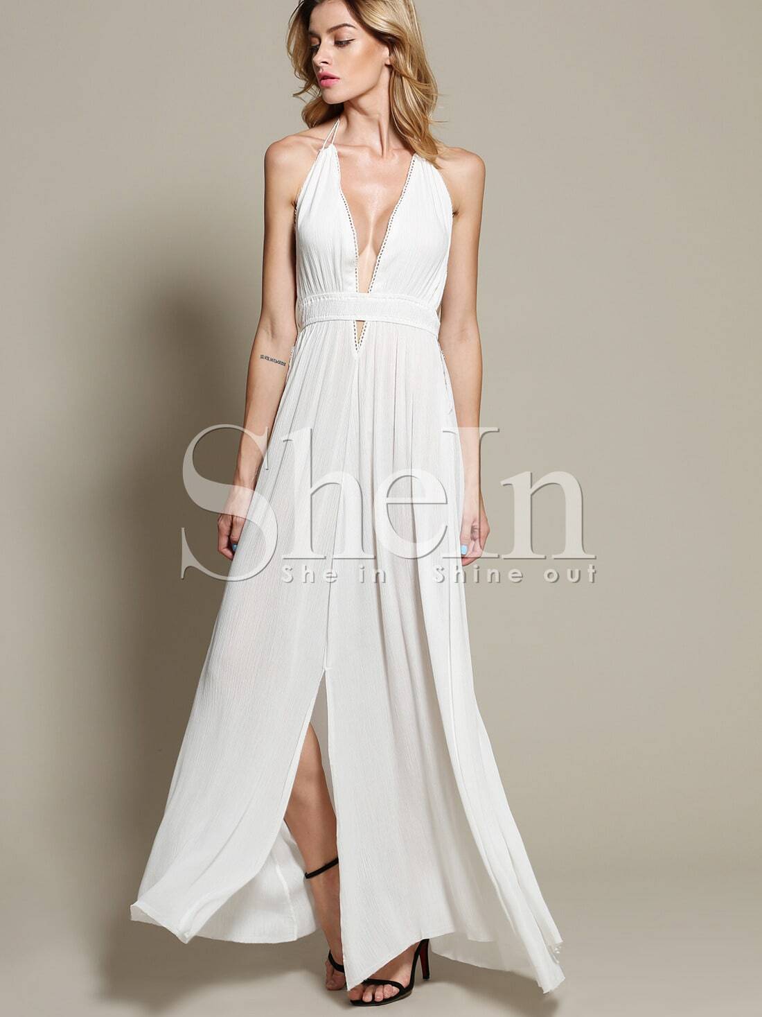 Deep V-Neck White Dress